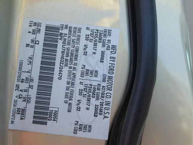 5LMEU78H03ZJ24470 - 2003 LINCOLN AVIATOR 金色 照片 10