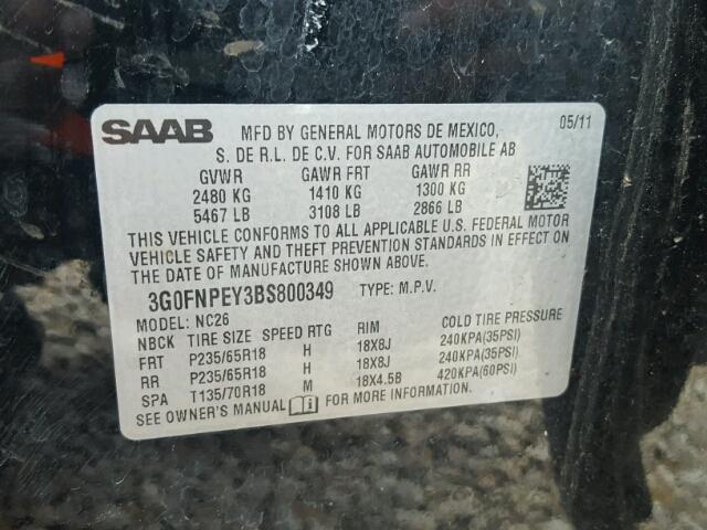 3G0FNPEY3BS800349 - 2011 SAAB 9-4X BLACK photo 10