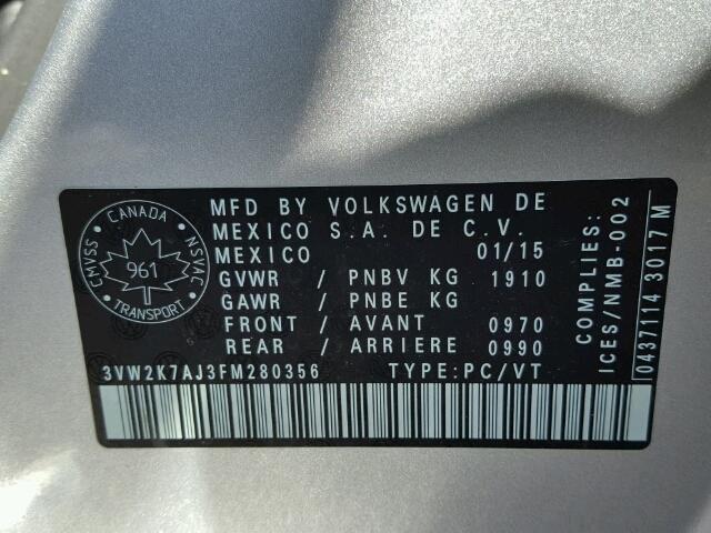 3VW2K7AJ3FM280356 - 2015 VOLKSWAGEN JETTA BASE Արծաթագույն լուսանկար 10