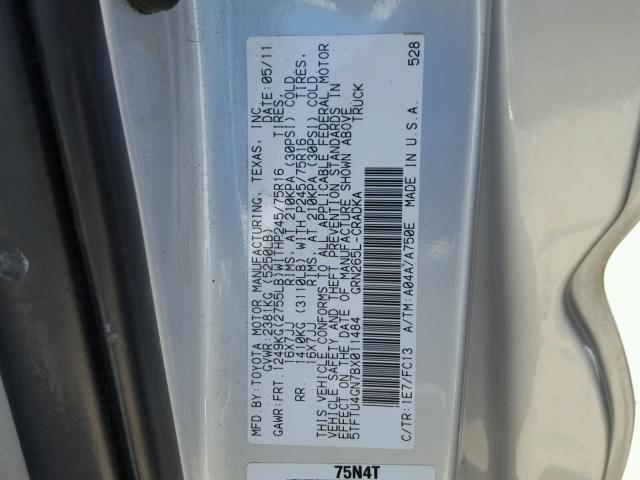 5TFTU4GN7BX011484 - 2011 TOYOTA TACOMA PRE SILVER photo 10