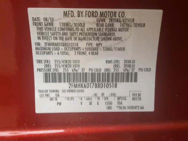 2FMHK6DT7BBD10518 - 2011 FORD FLEX LIMIT RED photo 10