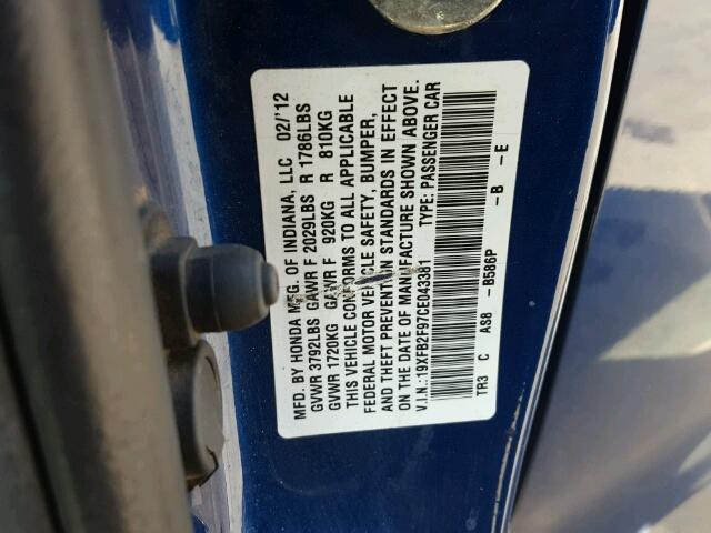 19XFB2F97CE043381 - 2012 HONDA CIVIC EXL Mavi foto 10