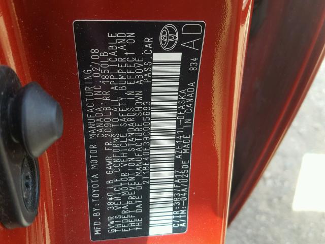 2T1BE40E39C005693 - 2009 TOYOTA COROLLA XR 红色 照片 10