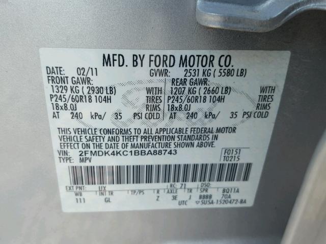 2FMDK4KC1BBA88743 - 2011 FORD EDGE LIMIT SILVER photo 10