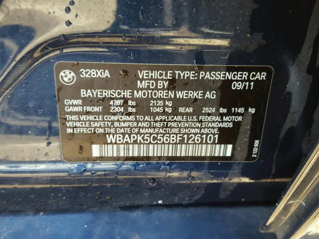 WBAPK5C56BF126101 - 2011 BMW 328 XI SUL BLUE photo 10