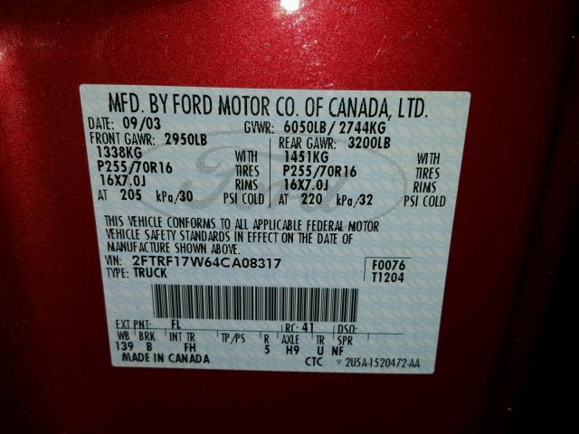 2FTRF17W64CA08317 - 2004 FORD F-150 HERI MAROON photo 10