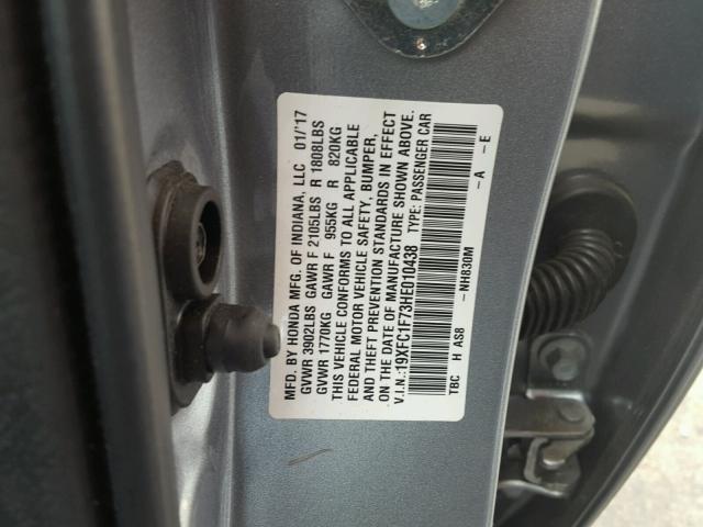 19XFC1F73HE010438 - 2017 HONDA CIVIC EXL ვერცხლისფერი ფოტო 10