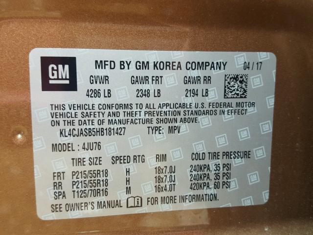 KL4CJASB5HB181427 - 2017 BUICK ENCORE PRE BROWN photo 10