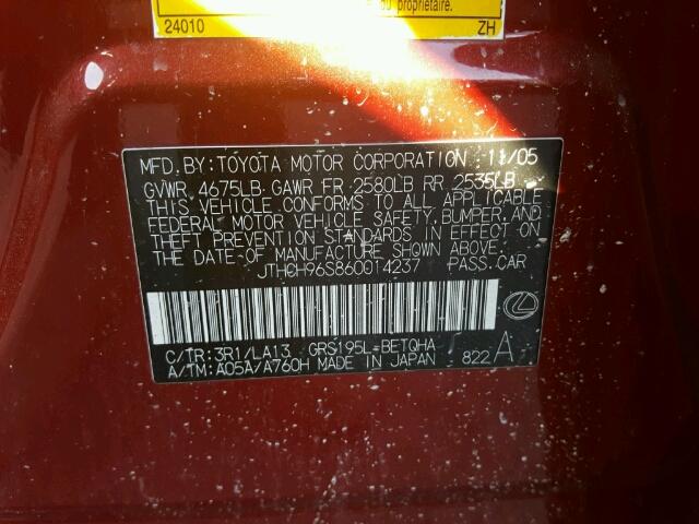 JTHCH96S860014237 - 2006 LEXUS GS GENERAT RED photo 10