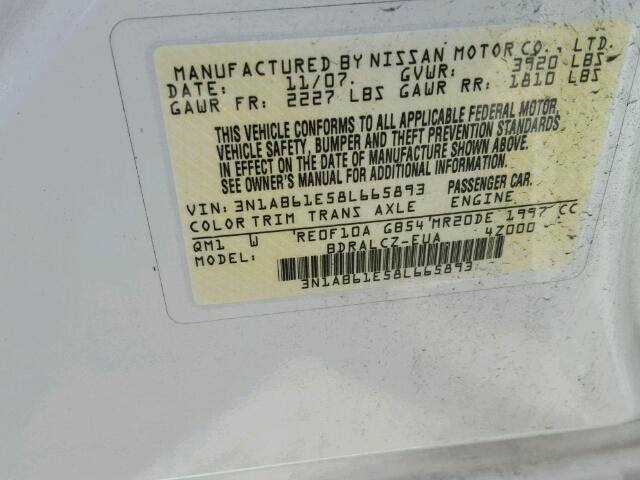 3N1AB61E58L665893 - 2008 NISSAN SENTRA 2.0 WHITE photo 10