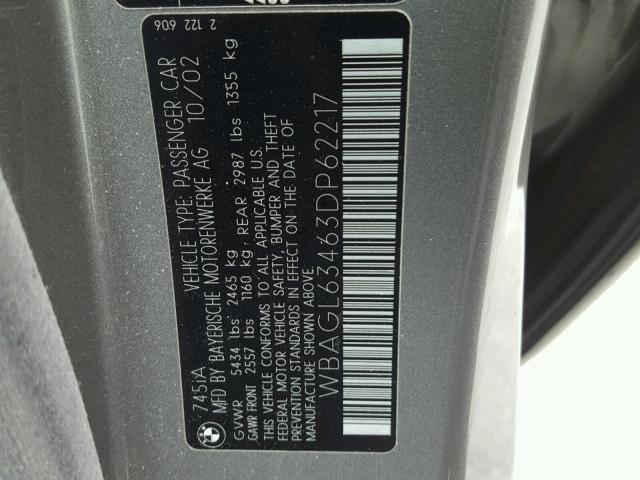 WBAGL63463DP62217 - 2003 BMW 745 I GRAY photo 10