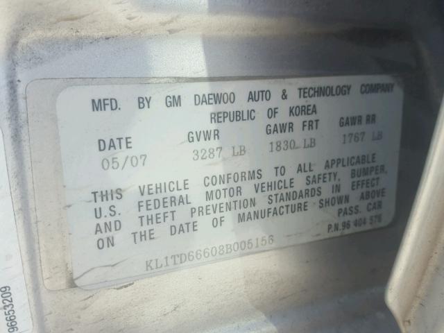KL1TD66608B005156 - 2008 CHEVROLET AVEO BASE Gümüş fotoğraf 10