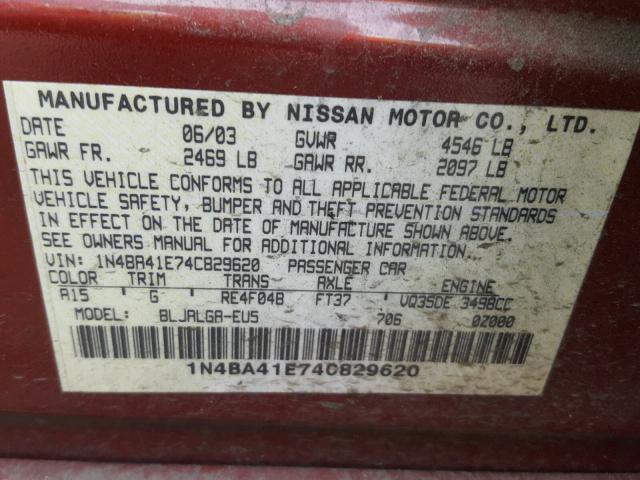 1N4BA41E74C829620 - 2004 NISSAN MAXIMA SE RED photo 10