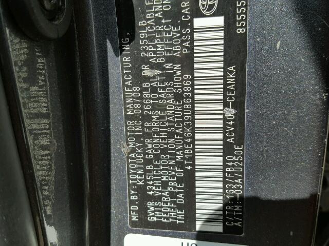 4T1BE46K39U863869 - 2009 TOYOTA CAMRY BASE BLACK photo 10