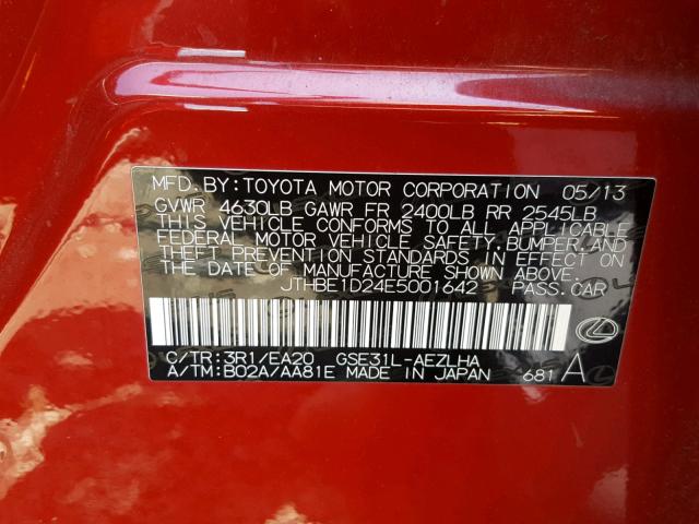 JTHBE1D24E5001642 - 2014 LEXUS IS 350 RED photo 10
