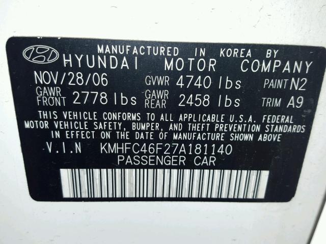 KMHFC46F27A181140 - 2007 HYUNDAI AZERA SE WHITE photo 10