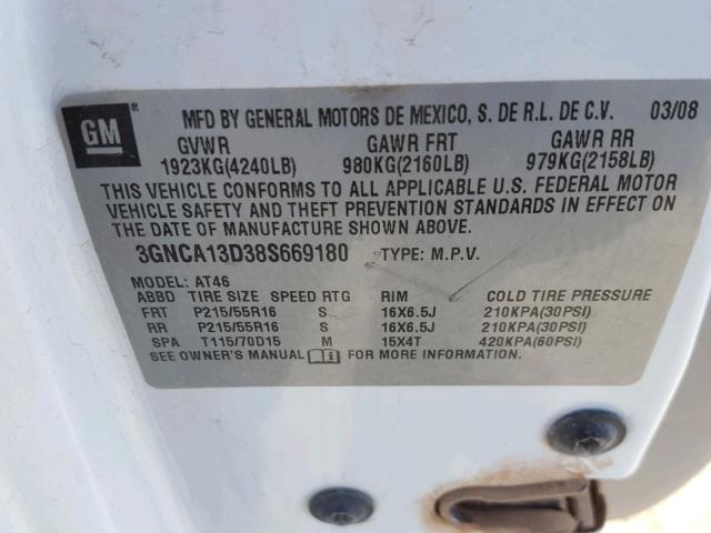 3GNCA13D38S669180 - 2008 CHEVROLET HHR LS WHITE photo 10