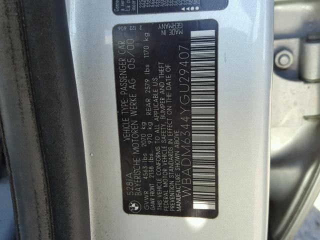 WBADM6344YGU29407 - 2000 BMW 528 I AUTO SILVER photo 10