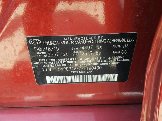 5NPE34AF3FH190430 - 2015 HYUNDAI SONATA SPO RED photo 10