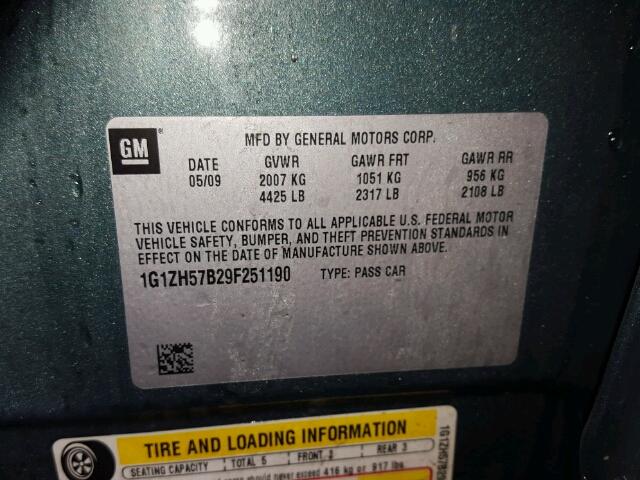 1G1ZH57B29F251190 - 2009 CHEVROLET MALIBU 1LT GREEN photo 10