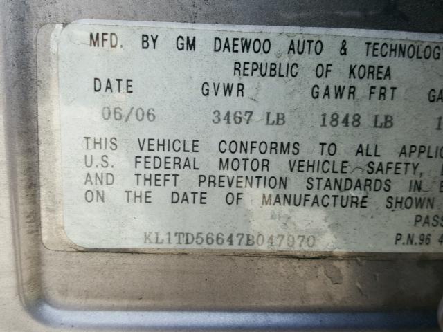 KL1TD56647B047970 - 2007 CHEVROLET AVEO BASE Boz foto 10