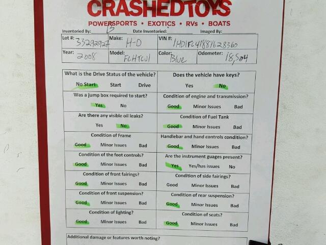 1HD1FC4188Y628360 - 2008 HARLEY-DAVIDSON FLHTCUI Көк фото 20