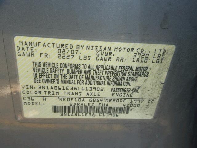 3N1AB61E38L613906 - 2008 NISSAN SENTRA 2.0 GRAY photo 10