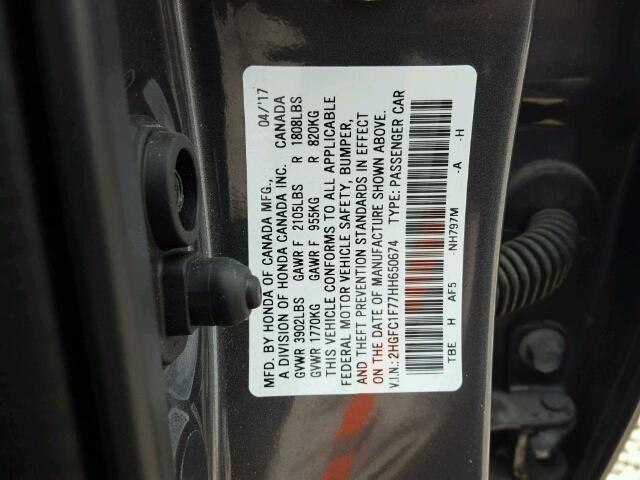 2HGFC1F77HH650674 - 2017 HONDA CIVIC EXL CHARCOAL photo 10
