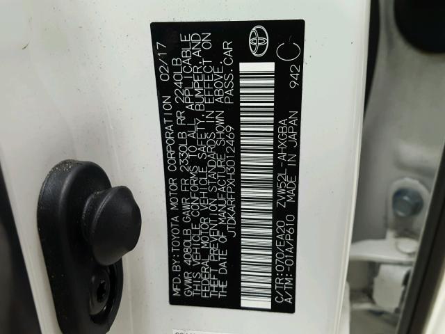 JTDKARFPXH3012469 - 2017 TOYOTA PRIUS PRIM 白色 照片 10