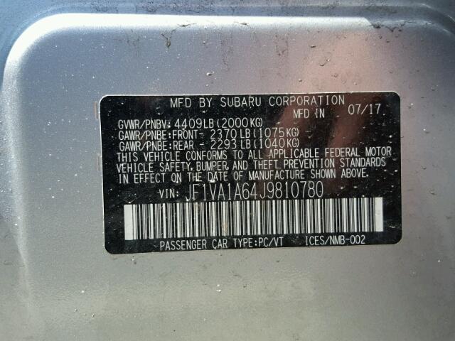 JF1VA1A64J9810780 - 2018 SUBARU WRX SILVER photo 10