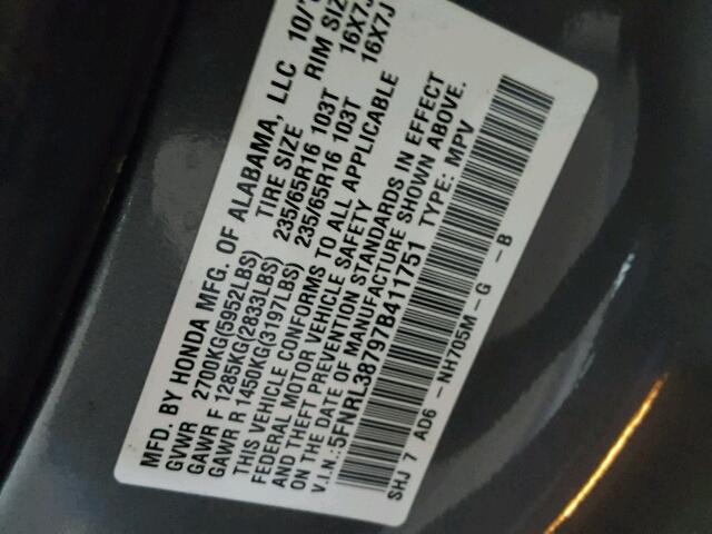 5FNRL38797B411751 - 2007 HONDA ODYSSEY GRAY photo 10