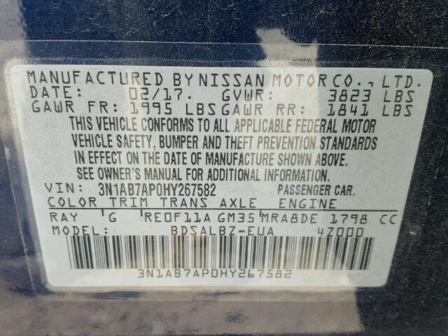 3N1AB7AP0HY267582 - 2017 NISSAN SENTRA S BLUE photo 10