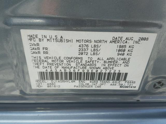 4A3AB36F99E027223 - 2009 MITSUBISHI GALANT ES SILVER photo 10