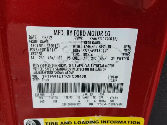 1FTFW1ET1CFC08438 - 2012 FORD F150 RED photo 10