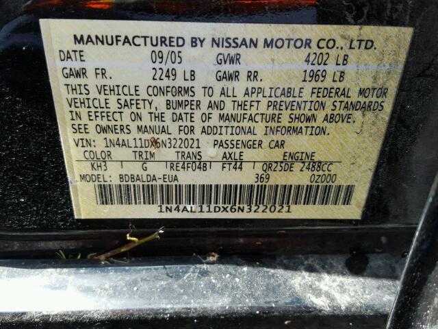 1N4AL11DX6N322021 - 2006 NISSAN ALTIMA S BLACK photo 10