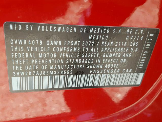3VW2K7AJ8EM328559 - 2014 VOLKSWAGEN JETTA BASE 红色 照片 10
