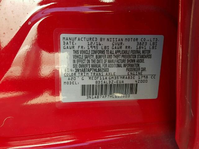 3N1AB7AP7HL662503 - 2017 NISSAN SENTRA S RED photo 10