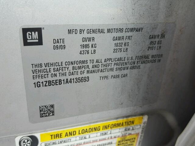 1G1ZB5EB1A4135693 - 2010 CHEVROLET MALIBU LS ვერცხლისფერი ფოტო 10