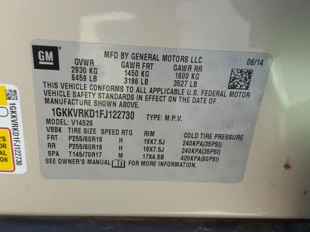 1GKKVRKD1FJ122730 - 2015 GMC ACADIA SLT ოქროსფერი ფოტო 10