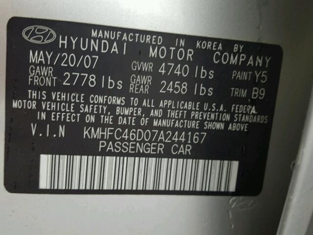 KMHFC46D07A244167 - 2007 HYUNDAI AZERA GLS SILVER photo 10