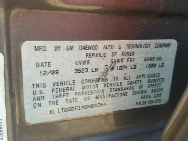 KL1TD5DE1AB064954 - 2010 CHEVROLET AVEO LS GRAY photo 10