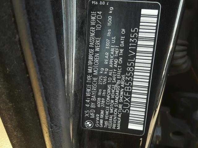 5UXFB53585LV11355 - 2005 BMW X5 4.4I BLACK photo 10