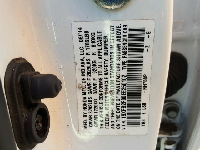 19XFB2F90EE250102 - 2014 HONDA CIVIC EXL WHITE photo 10
