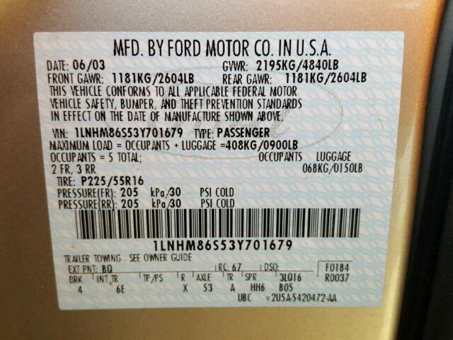 1LNHM86S53Y701679 - 2003 LINCOLN LS 棕色 照片 10