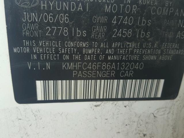 KMHFC46F86A132040 - 2006 HYUNDAI AZERA SE WHITE photo 10