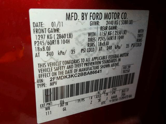 2FMDK3KC2BBA86641 - 2011 FORD EDGE LIMIT RED photo 10