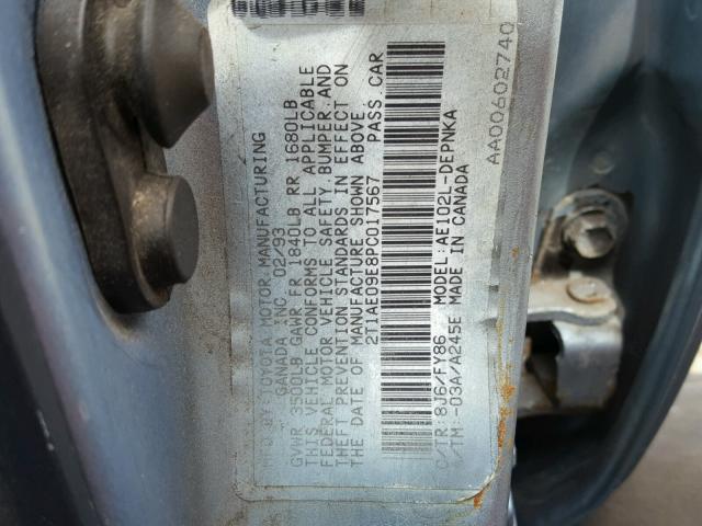 2T1AE09E8PC017567 - 1993 TOYOTA COROLLA LE 蓝色 照片 10