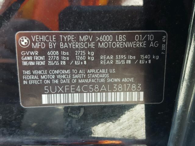 5UXFE4C58AL381783 - 2010 BMW X5 XDRIVE3 BLACK photo 10