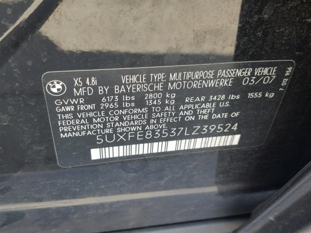 5UXFE83537LZ39524 - 2007 BMW X5 4.8I BLACK photo 10