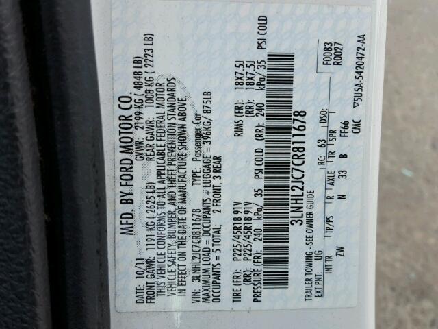 3LNHL2JC7CR811678 - 2012 LINCOLN MKZ თეთრი ფოტო 10